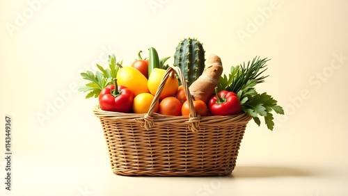 A shopping basket filled with colorful grocery items set against a clean backdrop