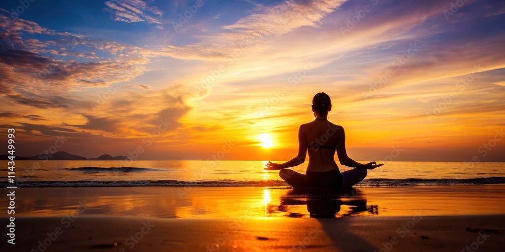 Silhouette of person meditating in lotus pose on the beach during a fiery sunset, meditation, yoga, lotus pose, beach Silhouette of person meditating in lotus pose on the beach during a fiery sunset, meditation, yoga, lotus pose, beach