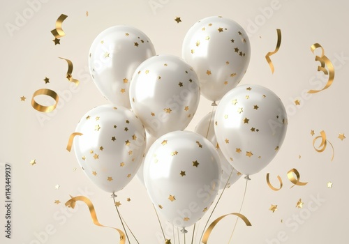 Elegant White Balloons with Gold Stars and Confetti