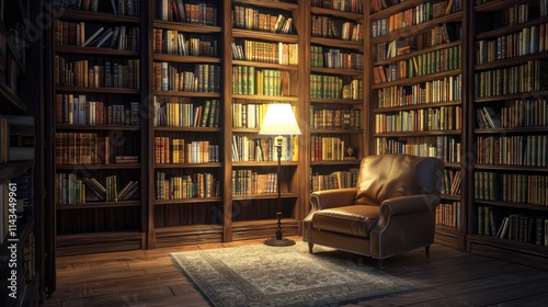 An inviting reading nook with dark wooden bookshelves brimming with classic novels, while a comfortable armchair sits nearby, bathed in soft, warm light.