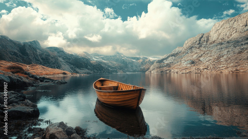 wooden boat floating on calm lake surrounded by mountains and clouds creating peaceful nature scenery
