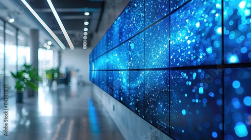 Wall of blue screens with a white background