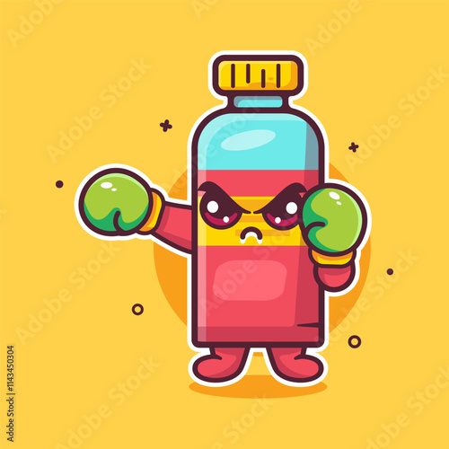 serious juice bottle drink character mascot playing boxing sport isolated cartoon