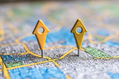 Two Yellow Pushpins on a City Map, Symbolizing Different Destinations and Opportunities.