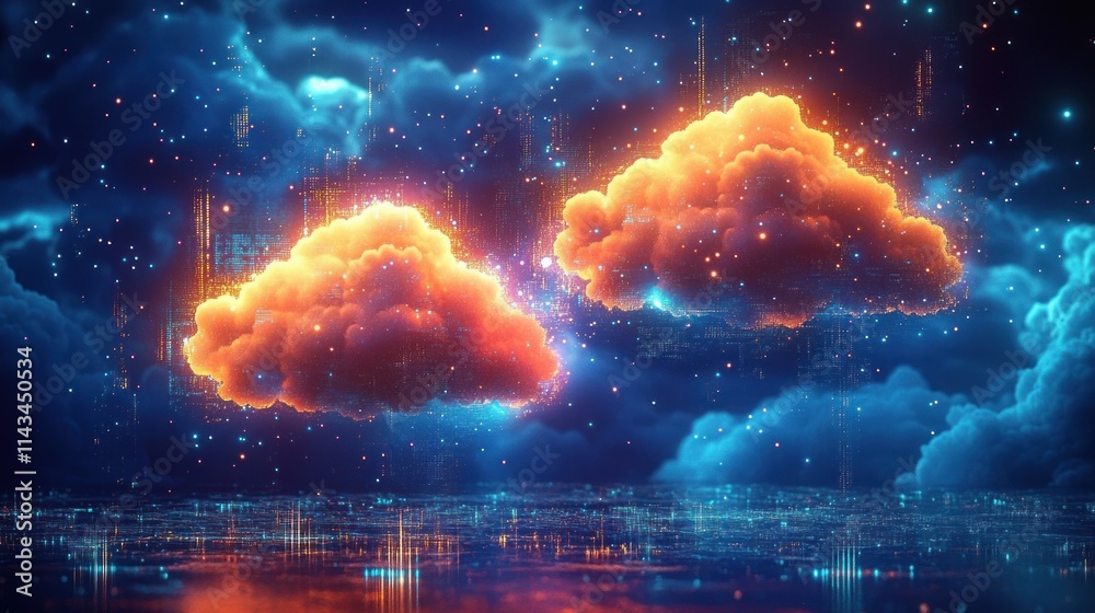 Glowing Digital Clouds in Futuristic Cityscape Representing Cloud Migration and Data Connections Glowing Digital Clouds in Futuristic Cityscape Representing Cloud Migration and Data Connections