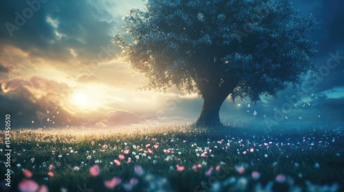 beautiful tree in blooming meadow with glowing sunrise and soft light creating dreamy fantasy landscape
