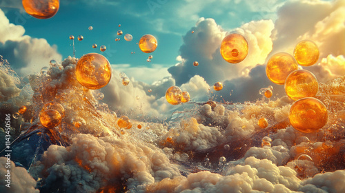 surreal golden spheres floating in dreamy cloudy sky with warm sunlight and fantasy atmosphere

