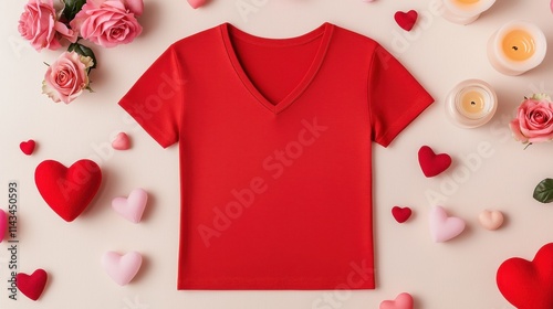 Flatlay V-neck shirt mock up Valentine's Day Concept. Red v-neck t-shirt surrounded by hearts and flowers photo