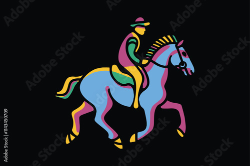 Colorful stylized horse and rider, rainbow colors, geometric shapes, abstract equestrian art, neon outlines, black background.