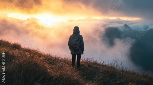 hiker standing on mountain hill with backpack looking at sunrise above clouds and golden sky

