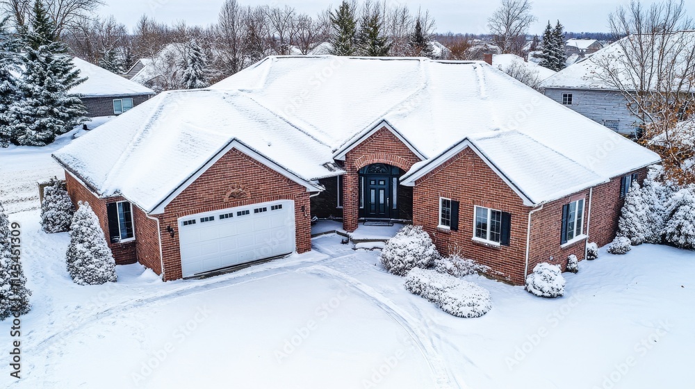 Brick house covered in fresh snow, winter scene. Perfect for real estate, holiday, or winter themes; evokes cozy feelings. Brick house covered in fresh snow, winter scene. Perfect for real estate, holiday, or winter themes; evokes cozy feelings.