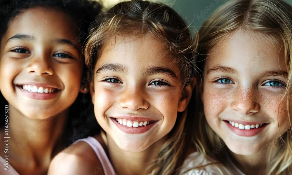Three young girls of different ethnicities smiling closely together Three young girls of different ethnicities smiling closely together