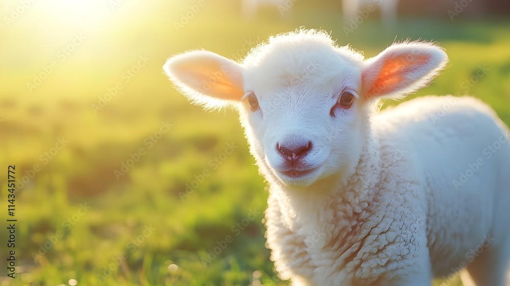 Fluffy White Lamb in a Sunlit Green Field. Fluffy White Lamb in a Sunlit Green Field.