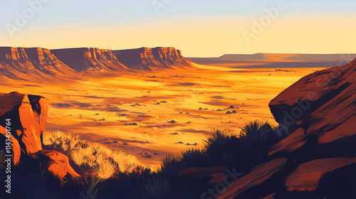Ethereal mystique of australian outback at dusk, warm golden light casting long shadows on ancient rust-red rock formations, vast desert landscape stretching into infinity. Mystique. Illustration