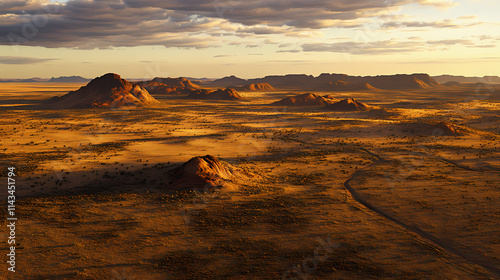 Ethereal mystique of australian outback at dusk, warm golden light casting long shadows on ancient rust-red rock formations, vast desert landscape stretching into infinity. Mystique. Illustration photo