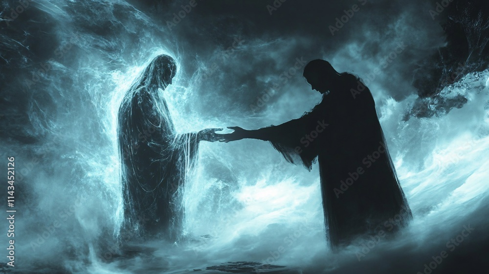 Conceptual image of a person shaking hands with devil in dark tunnel. Conceptual image of a person shaking hands with devil in dark tunnel.