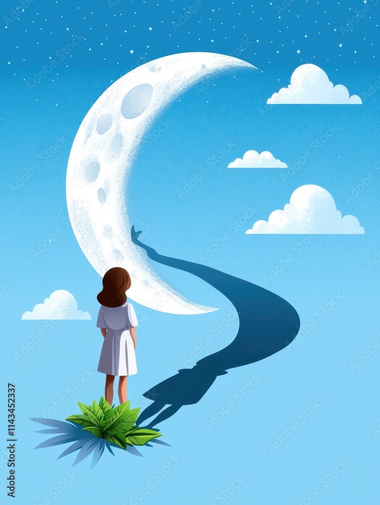 Creating Lasting Impact Concept. A girl gazes at a giant moon under a bright sky with fluffy clouds Creating Lasting Impact Concept. A girl gazes at a giant moon under a bright sky with fluffy clouds