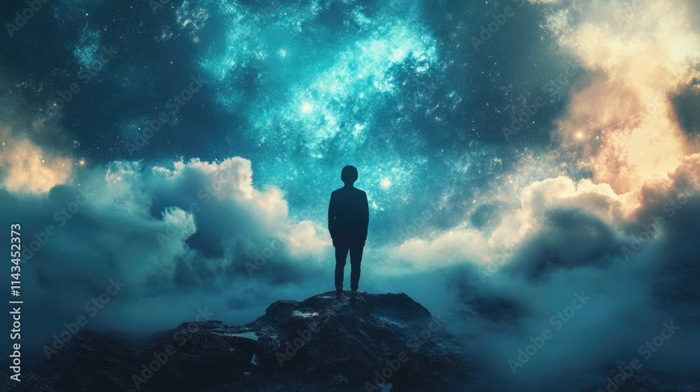lone person standing on a mountain surrounded by clouds gazing at a glowing starry sky in a dreamy atmosphere
lone person standing on a mountain surrounded by clouds gazing at a glowing starry sky in a dreamy atmosphere