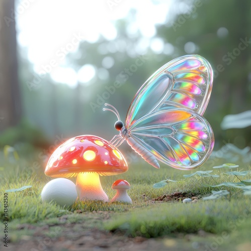 Wallpaper Mural Beautiful translucent butterfly near glowing mushroom in forest Torontodigital.ca