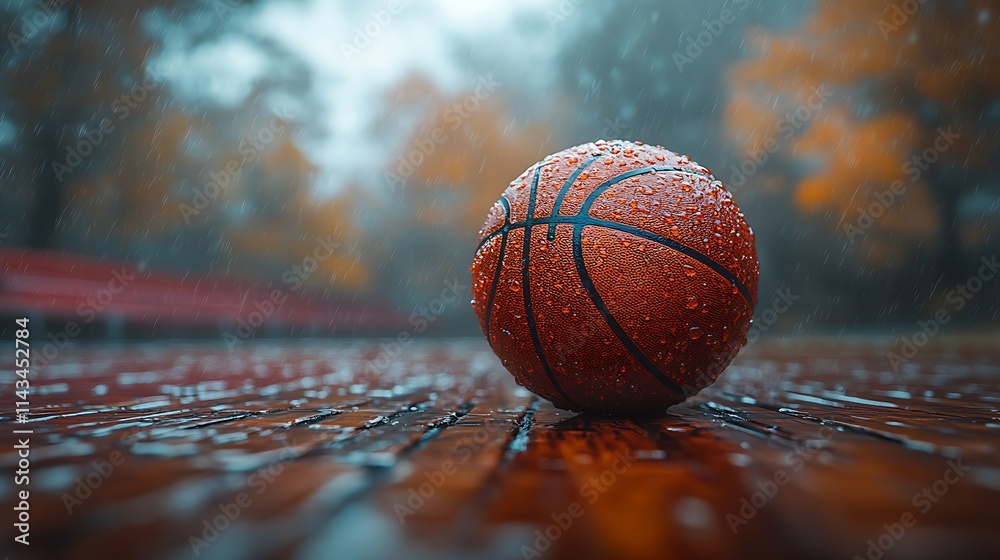 Wet Basketball Sits On Wooden Surface During Autumn Rain