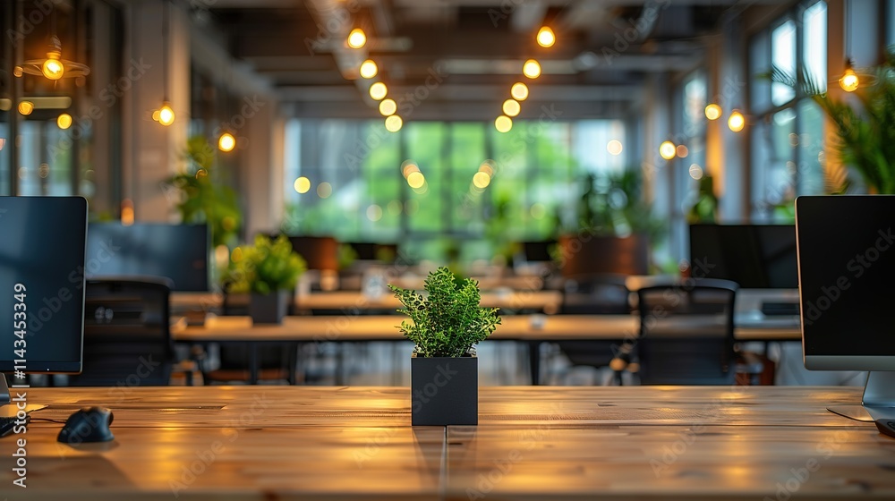 Large open office space with a potted plant on a desk Large open office space with a potted plant on a desk