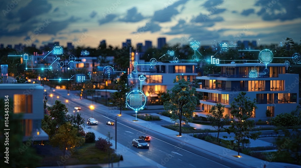 Fototapeta premium A futuristic cityscape at dusk, showcasing smart buildings with vibrant sensor networks connected, highlighting IoT security measures in action.