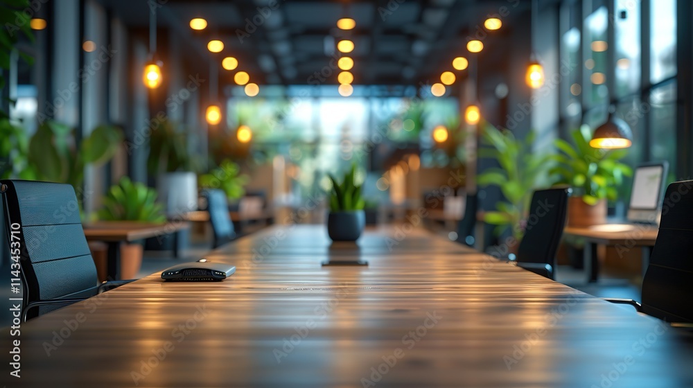 Large conference table with a laptop and a cell phone on it Large conference table with a laptop and a cell phone on it