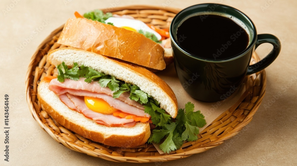 Sandwiches with egg and coffee in a basket. Sandwiches with egg and coffee in a basket.
