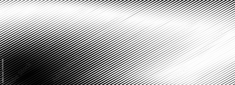 Vanishing linear gradient texture. Black diagonal stripe gradation background. Thin and thick fade slanted pattern backdrop. Vector oblique parallel stroke wallpaper for overlay, print, cover, banner