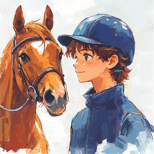 A Young Jockey Bonds with Their Horse, Illustrated in a Vibrant, Impressionistic Style. photo