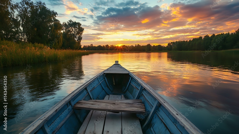 Sunset Serenity on a River Boat. Tranquil River Sunset View. Sunset Serenity on a River Boat. Tranquil River Sunset View.