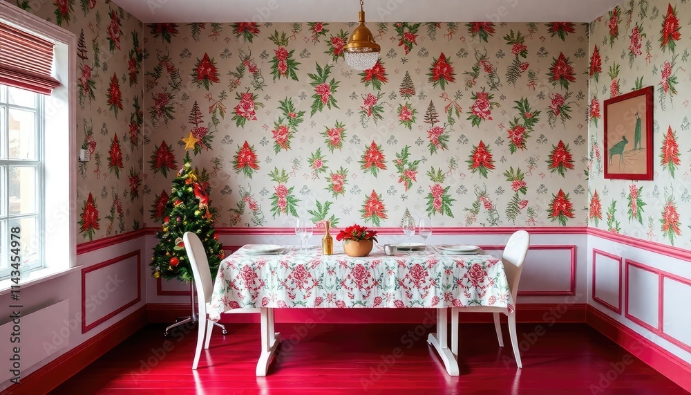 Christmas Table Setting Living Room Wallpaper with festive Christmas table setting patterns. The skirting boards are painted in berry red. Christmas Table Setting Living Room Wallpaper with festive Christmas table setting patterns. The skirting boards are painted in berry red.