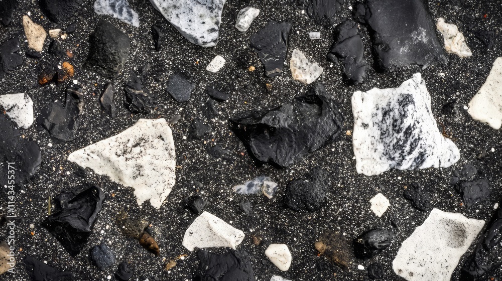 Black and White Volcanic Rocks on a Dark Sand Beach Black and White Volcanic Rocks on a Dark Sand Beach