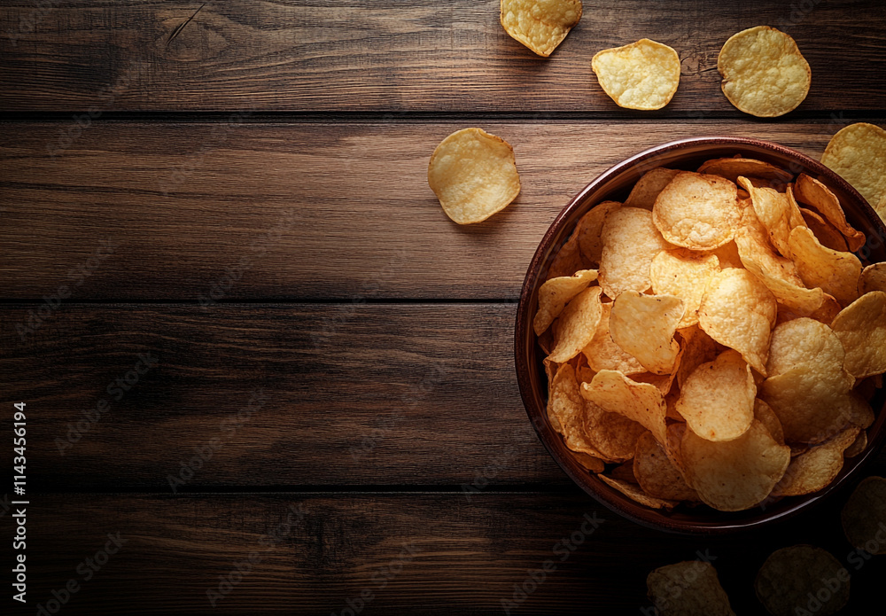 Fototapeta premium A Wooden Table with a Bowl Filled with Potato Chips