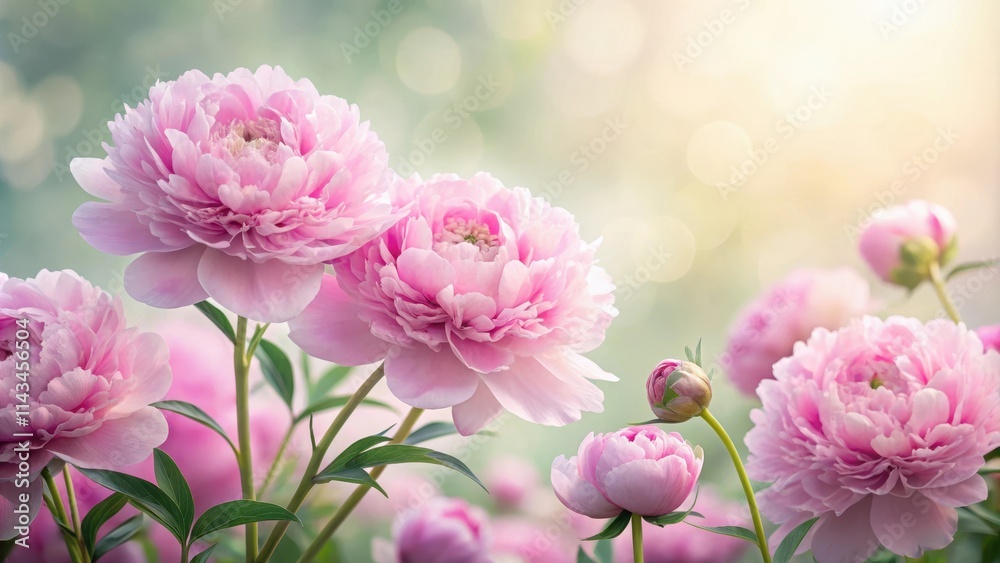 Softly blooming pink peonies against a crisp white background, flower field Softly blooming pink peonies against a crisp white background, flower field