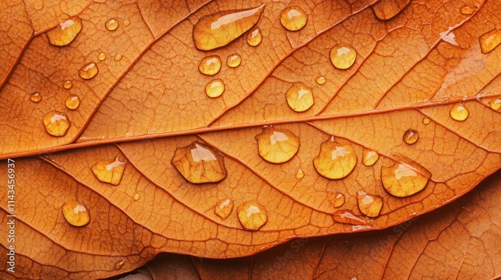 Fototapeta premium Autumn Leaf Macro Photography Dewdrops on Orange Leaf Close Up Nature Texture