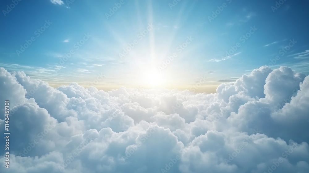 Fototapeta premium Serene Sky with Radiant Sunlight Shining Through Fluffy White Clouds Above a Tranquil Horizon in a Clear Blue Atmosphere