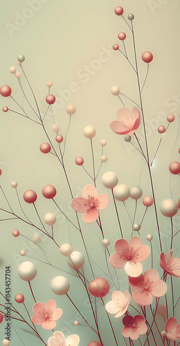 delicate pink flowers on a delicate green background. Generated AI
