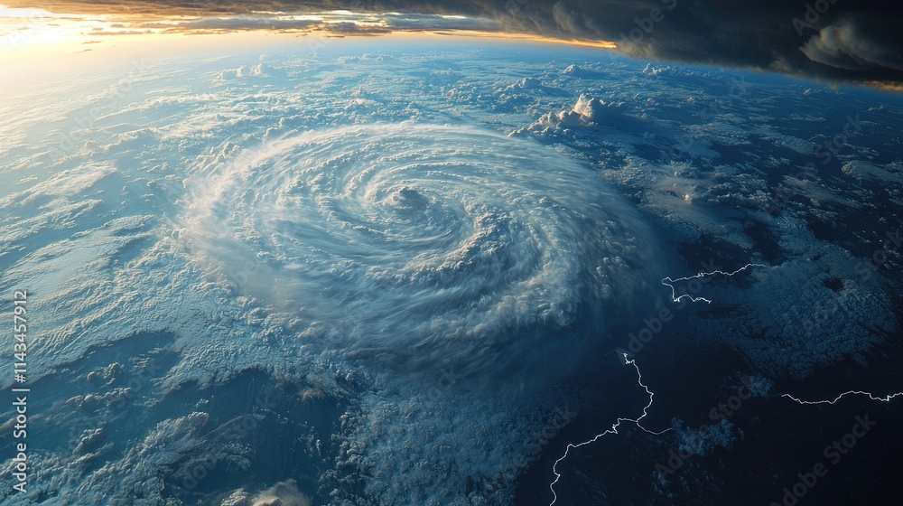 An expansive view of a storm system forming over the ocean, with dark ...