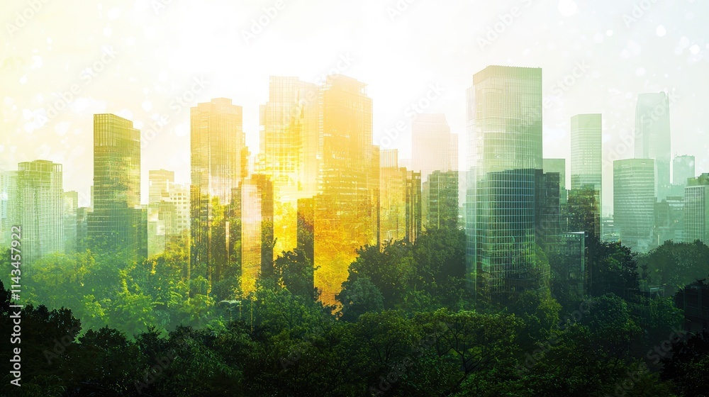 Obraz premium A vibrant double exposure image combining a bustling city skyline with lush green forests, blending both the urban and natural elements seamlessly.