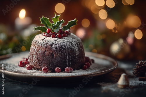 Beautifully Decorated Christmas Pudding with Holly and Powdered Sugar, Sitting on a Festive Table in Warm Holiday Lighting