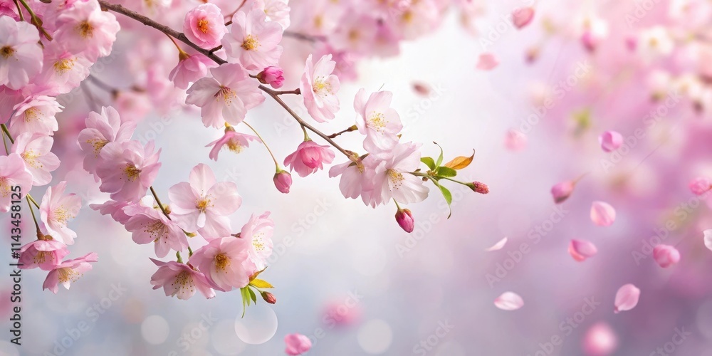 delicate pink sakura petals gently falling from a blooming tree against a soft white background, creating a sense of serenity and tranquility in nature, nature, serene delicate pink sakura petals gently falling from a blooming tree against a soft white background, creating a sense of serenity and tranquility in nature, nature, serene