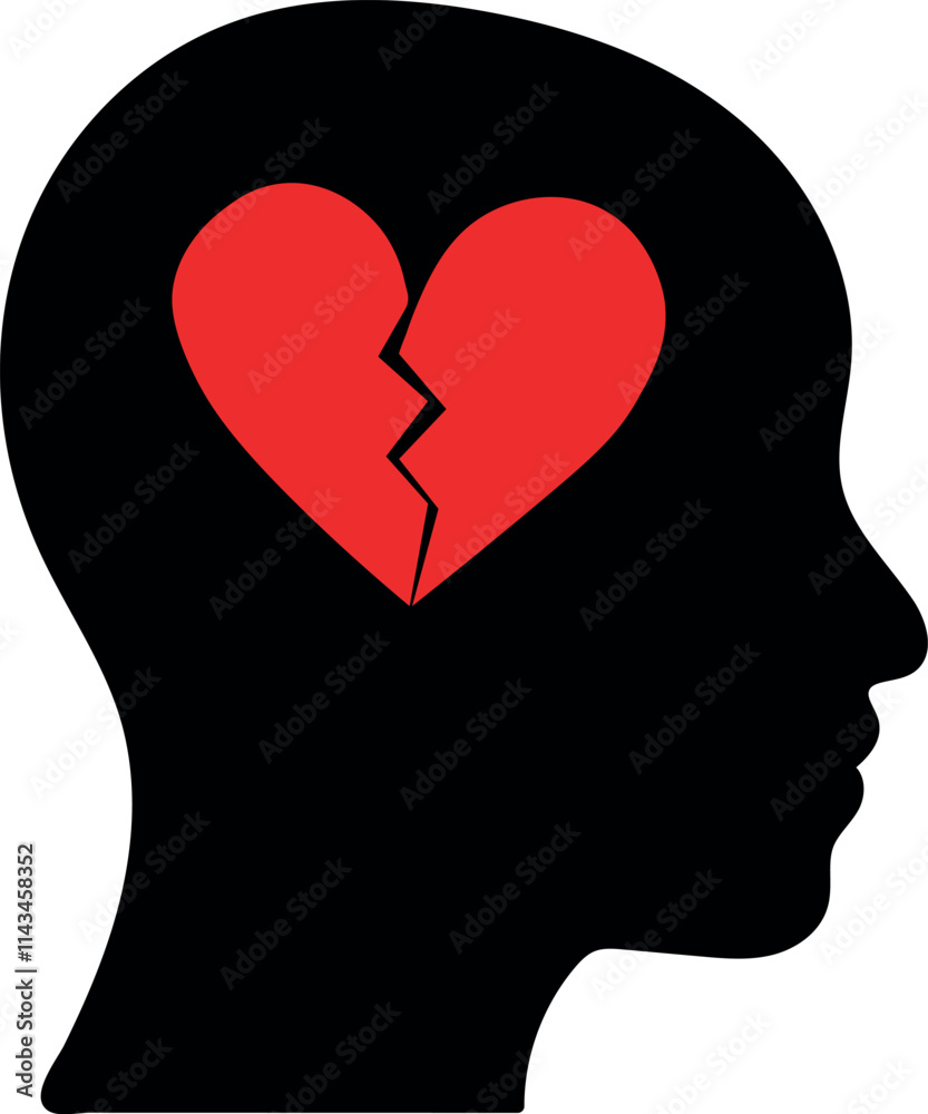 Head Silhouette with Broken Heart Vector Illustration Head Silhouette with Broken Heart Vector Illustration