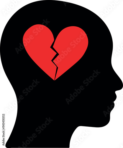 Head Silhouette with Broken Heart Vector Illustration