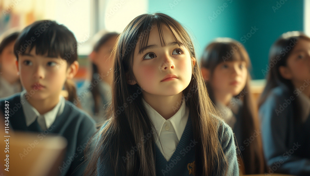Fototapeta premium A cinematic still of a young Korean girl with long brown hair in a school uniform, sitting among her classroom friends in an elementary school