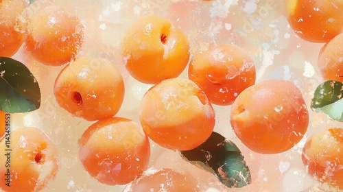 Juicy apricots submerged in ice, vibrant orange hues, detailed texture. Perfect for refreshing summer themes, food blogs, or drink promotions. photo