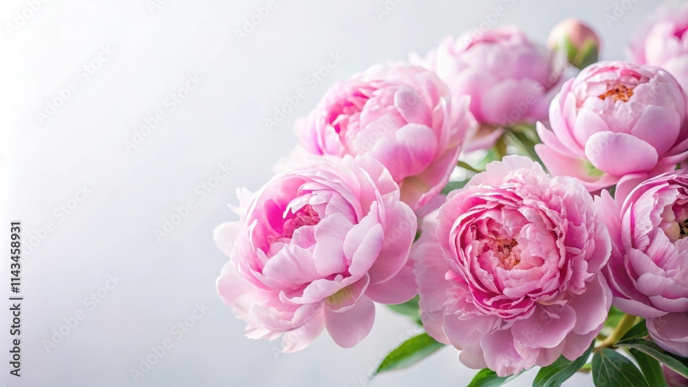 Delicate pink peonies against a soft white background , flower power, spring garden Delicate pink peonies against a soft white background , flower power, spring garden
