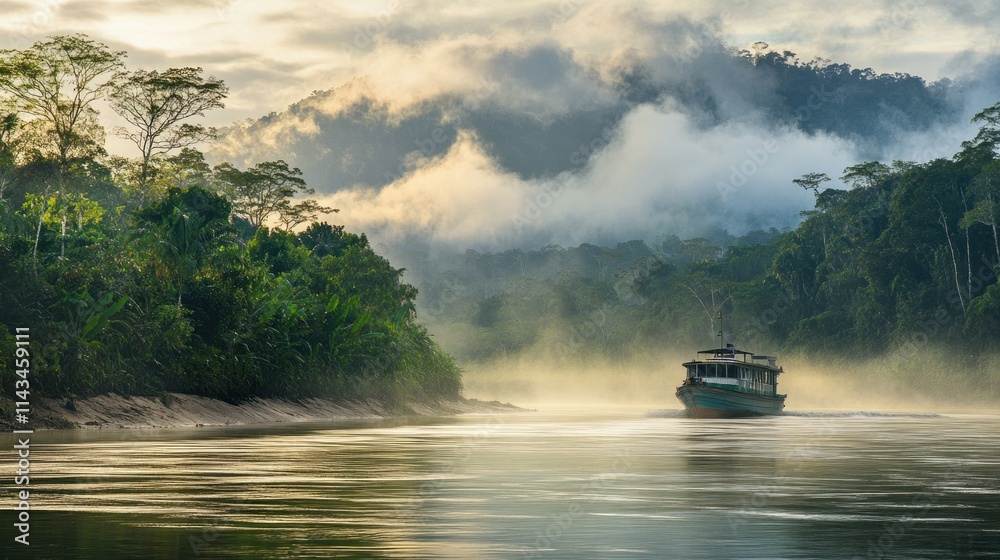 Fototapeta premium Boat Navigating Through a Misty Jungle River