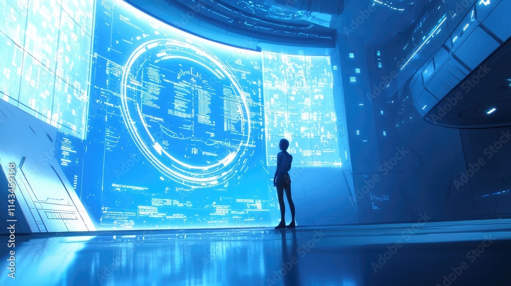 Naklejka premium A futuristic office scene showcasing a user interacting with a floating holographic interface displaying data visualizations, bathed in soft blue light.