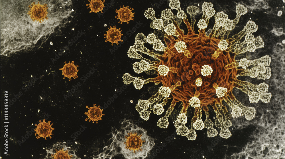 Microscopic depiction of coronavirus like viral particles, showcasing intricate structures and details. This highlights complexity of viral forms in scientific context